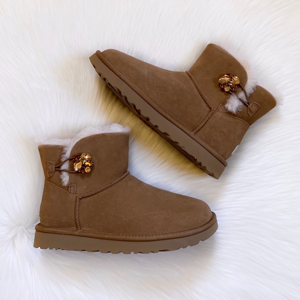 UGG Mini Bailey Button Gem Chestnut Boots - Picture 2 of 9